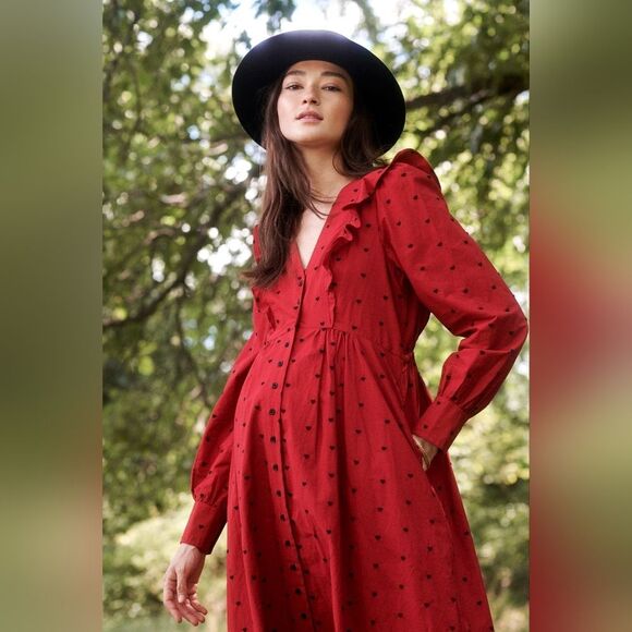 Hatch Red Embroidered Midi Button  Long Sleeve Cotton Dress Size S - Picture 8 of 16